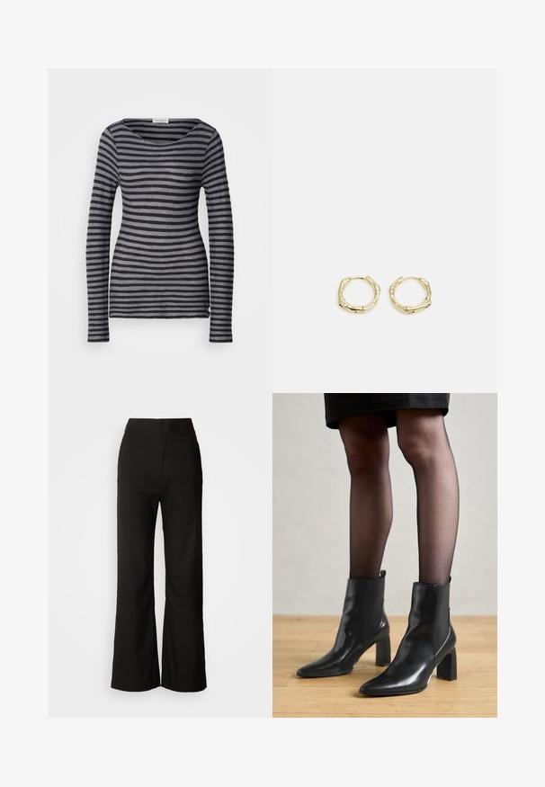 Long-sleeve striped top in dark gray and lighter gray. Features a round neckline and a fitted cut. Made of soft, lightweight fabric.; Black wide-leg trousers with a smooth texture, high waist, and a clean design. No visible pockets or embellishments.; Black leather ankle boots with a pointed toe, chunky square heel, and sleek design. Features elastic side panels for easy wear.; Gold hoop earrings with a textured, irregular shape. Features a seamless closure and a polished surface finish, emphasizing a modern design.
