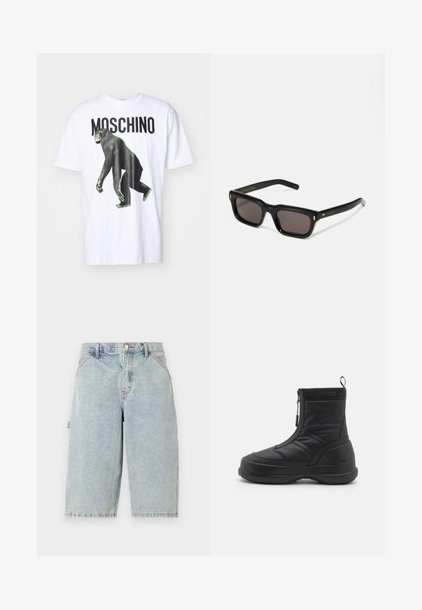 White cotton t-shirt featuring a black monkey graphic and bold "MOSCHINO" text in black. Relaxed fit with short sleeves and crew neckline.; Noon Goons RUNAWAY - Denim shorts - washed blue; Black waterproof snow boot with a smooth synthetic upper, zip closure, padded collar, and textured rubber sole. Accented with "MOON BOOT" branding.; Black rectangular sunglasses with dark lenses, thick plastic frame, gold accents on temples, and brand logo engraved on the arm.