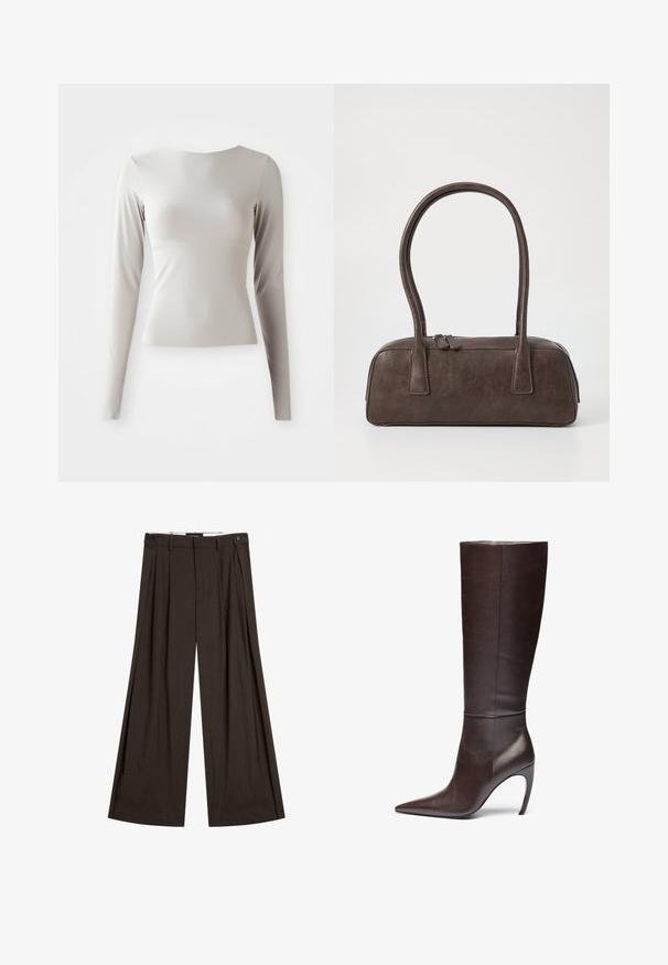 Jasnoszara bluzka z długim rękawem, wykonana z gładkiego, gładkiego materiału, z okrągłym dekoltem i dopasowanym krojem. Rękawy są lekko rozszerzane na dole.; Brązowe spodnie z szerokimi nogawkami, wykonane z lekkiego materiału, z przodu posiadają fałdy, dwie boczne kieszenie oraz pojedyncze zapięcie na guzik.; Czarna skórzana kozak z cholewką do kolan, o spiczastym nosie i obcasie w szpilce, charakteryzująca się gładką fakturą i minimalistycznym designem.; Brązowa skórzana torebka na ramię z dwoma solidnymi uchwytami, prostokątny kształt, gładka faktura i zamek błyskawiczny. Minimalistyczny design bez widocznych wzorów.