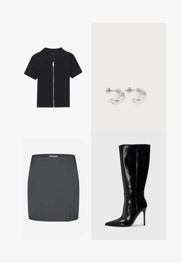 Polo preto de manga curta com textura ribada, apresentando um fecho éclair na frente e um colarinho pontiagudo. Design simples com acentos mínimos.; Envii SPLIT - Saia lápis - grey; Botas de couro pretas até ao joelho com bico fino e salto alto de agulha. Textura suave e design elegante, com detalhes mínimos.; Brincos de argola de prata com um acabamento liso e polido. Forma redonda com um design ligeiramente curvado e bordas suavizadas. Fecho de pino.