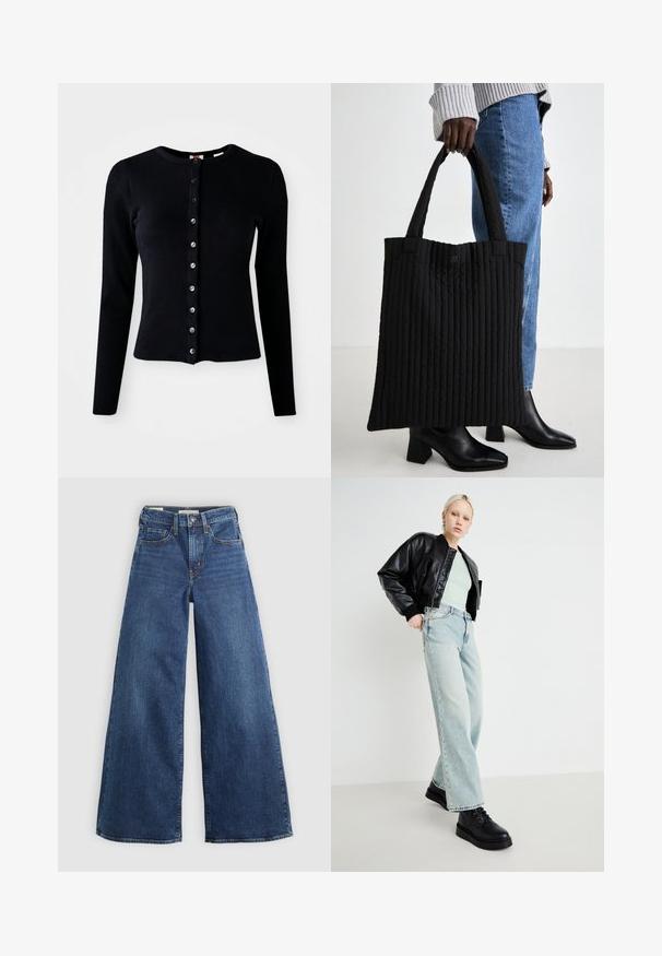 Černý žebrovaný kardigan s dlouhými rukávy, kulatým výstřihem a předními knoflíkovými zapínáními s převrouhlednými knoflíky. Silueta těsně obepínající postavu, s hladkým povrchem.; Široké modré džíny z denimu s pěti kapsami, zapínáním na knoflík a kontrastním prošíváním, které mají měkký a texturovaný povrch.; Černá kožená bomber bunda, mátově zelená košile, světlé modré široké kalhoty a černé šněrovací boty, umístěné na minimalistickém pozadí.; Černá prošívaná kabelka s vertikální ribbed texturou a pevnými uchy. Umístěná vedle modrého denimu, v kombinaci s černými podpatkovými kotníkovými botami.