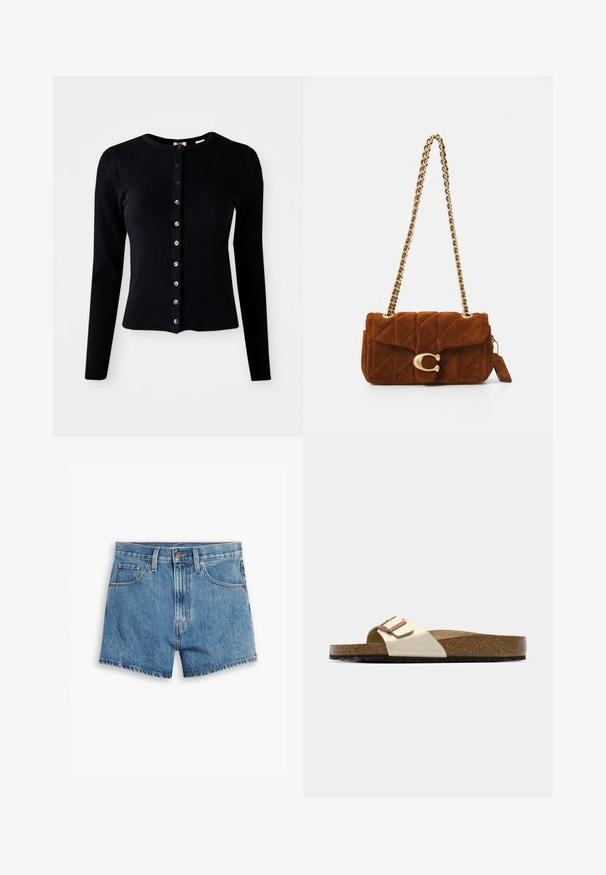 Musta ribbattu neuletakki pitkillä hihoilla, pyöreällä kaula-aukolla ja edessä hopeanväriset napit. Kiinteä malli, jossa on sileä pinta.; Vaaleansiniset farkkushortsit, joissa on viisi taskua, vetoketjukiinnitys ja nappisulku. Helmassa on revitty viimeistely ja rento istuvuus.; Liukus sandalai su šviesiai metalizuota viršutine dalimi, kamščio padu ir tekstūruotu rudu guminio padu. Sagties detalė su logotipo akcentu.; Ruskea tikattu mokkaolkalaukku, jossa on kultasävyinen ketjuhihna ja suuri kultainen "C"-solki etuläppäkiinnityksessä.