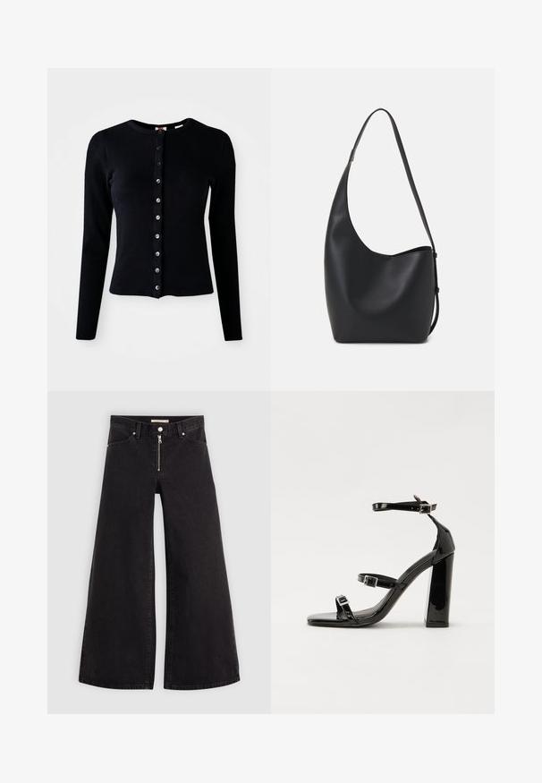 Melna ribota džemperis ar garajām piedurknēm, apaļu kakla izgriezumu un priekšējiem pogu aizdariem ar sudraba pogām. Pieguļošs ar gludu tekstūru.; Platas kājas džinsi melnā džinsa audumā ar rāvējslēdzēju priekšā, piecu kabatu dizains un smalkas šuvju detaļas. Gluda tekstūra un ikdienišķs stils.; Melnas lakotas augstpapēžu čības ar kvadrāta purngalu, potīšu siksniņām un sudraba sprādzēm. Aprīkotas ar masīvu bloku papēdi stabilitātei.; Melnas ādas hobo soma ar gludu tekstūru, izliekta forma un vienu regulējamu jostu; augšā ir plaša atvere.