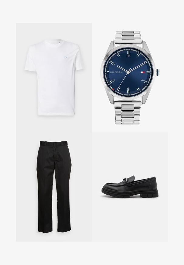 Bílý bavlněný tričko s kulatým výstřihem a krátkými rukávy, s světle modrou grafikou na levé části hrudi. Hladká textura, jednoduchý design.; Tři košile s dlouhým rukávem: světle modrá, bílá a námořnická. Všechny mají klasický límec a zapínání na knoflíky, vyrobené z hladkého materiálu.; Černé kalhoty vyrobené z hladké tkaniny, s rovnými nohavicemi, poutky na pásek a dvěma bočními kapsami. Klasický vzhled bez ozdob.; Černé kožené mokasíny s kulatou špičkou, dekoračním páskem a kovovými prvky, a masivní texturovanou podrážkou. Hladký povrch s jemnými detaily.; Stříbrné kovové hodinky s broušeným modrým ciferníkem, bílými hodinovými indexy a zobrazením data. Mají spojený kovový pásek a logo značky.; Stříbrný řetízek s výraznými články a centrálním kruhovým přívěskem s propracovanými detaily. Hladký, lesklý povrch kovu.