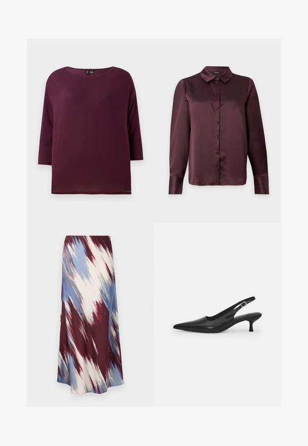 Top burdeos con cuello redondo y mangas tres cuartos, hecho de una tela suave, con un corte holgado y dobladillo recto.; Blusa de satén burdeos con botones, con un cuello clásico, mangas largas y una textura suave. Presenta una tapeta delantera con botones a juego.; Larga falda con un patrón de tie-dye diagonal en burdeos, azul y crema, hecha de tela suave con una silueta fluida y un ligero brillo.; Zapato negro de piel tipo slingback con punta afilada y un tacón delgado y curvado. Presenta una correa ajustable discreta con una hebilla de metal.