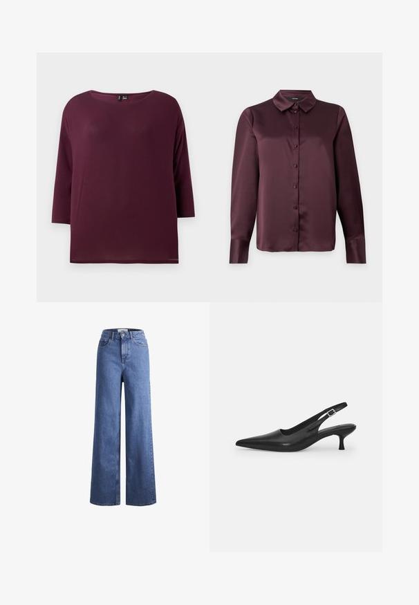 Burgundy-tyylinen paita, jossa on pyöreä kaula-aukko ja kolmanneksen pituiset hihat, pehmeästä kankaasta valmistettu, rento istuvuus ja suora helma.; Burgundi satiinipainikkapaita klassikalisella kauluksella, pitkät hihat ja sileä pinta. Edessä nappilista, jossa on yhteensopivat napit.; Vaaleansiniset farkut leveillä lahkeilla, korkea vyötärö, kaksi etutaskua ja näkyvät ompeleet. Varustettu napilla ja vetoketjulla.; Mustan nahkainen slingback-kengät, joissa on terävä nenä ja kapea, kaareva korko. Varustettu huomaamattomalla säädettävällä hihnalla, jossa on metallinen solki.