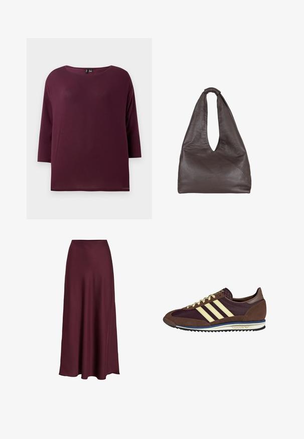 Burgundi színű felső, kerek nyakkivágással és háromnegyedes ujjakkal, puha anyagból készült, laza fazonnal és egyenes aljjal.; Bordó selyem maxi szoknya sima textúrával, magas derékkal és egy lágyan elágazó siluettel, amely finoman bővül az alsó szegélynél.; Barna és bordó sneaker velúr és hálós anyagból, három krémcsíkkal, texturált anyaggal a nyelvén és gumitalppal.; Barna bőrtáska laza, túlnyúló dizájnnal. Hurok fogantyúval és mély V-alakú nyílással rendelkezik a könnyű hozzáférés érdekében. Puha textúra, minimalista stílus.