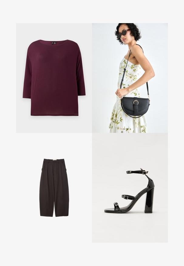 Bordowy top z okrągłym dekoltem i rękawami długości trzy czwarte, wykonany z miękkiego materiału, charakteryzujący się luźnym krojem i prostym dołem.; Czarne spodnie o szerokich nogawkach wykonane z gładkiego materiału, z wysokim stanem, plisami z przodu i bocznymi kieszeniami. Prosty fason bez zdobień.; Czarne lakierowane sandały na obcasie z kwadratowym noskiem, z paskami wokół kostki i srebrnymi klamrami. Posiadają masywny słupek dla stabilności.; Czarna skórzana torebka o zakrzywionym kształcie, z odpinanym paskiem i złotymi akcentami. Torebka posiada klapę z zapięciem w kształcie klamry.