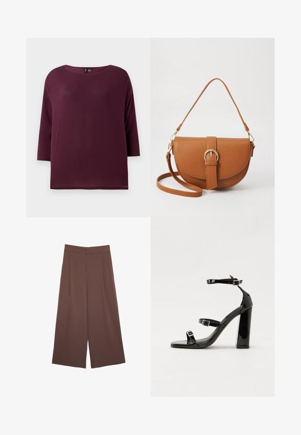 Bordo majica s okruglim izrezom i rukavima do tri četvrtine, izrađena od mekanog materijala, s opuštenim krojem i ravnim rubom.; Rjave široke hlače z gladko teksturo, ki imajo visok pas in sprednje naborke. Tkanina je lahka in prosto pada.; Črne lakirane sandale s peto, kvadratnim prstom, trakovi okrog gležnja in srebrnimi zaponkami. Opremljene so s stabilno Debelo peto.; Rjava usnjena torbica prek telesa s ukrivljeno obliko, zlate opreme in sponko. Ima odstranljiv naramni trak.