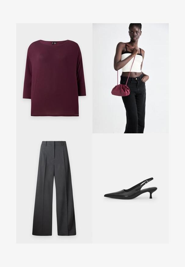 Burgundy topp med rund halsringning och trekvartsärmar, tillverkad av mjukt tyg, med avslappnad passform och rak avslutning.; Vida byxor i mörkgrått tyg, med hög midja, enkla veck och en mjuk yta med en ren finish vid fållen.; Svart läder slingback-sandalett med spetstopp och en smal, böjd klack. Har ett diskret justerbart rem med en metallspänne.; Burgundy mjukt tyg handväska med en samlad design och en lång rem, bärs över kroppen. Modellen bär en vit crop top och svarta jeans.