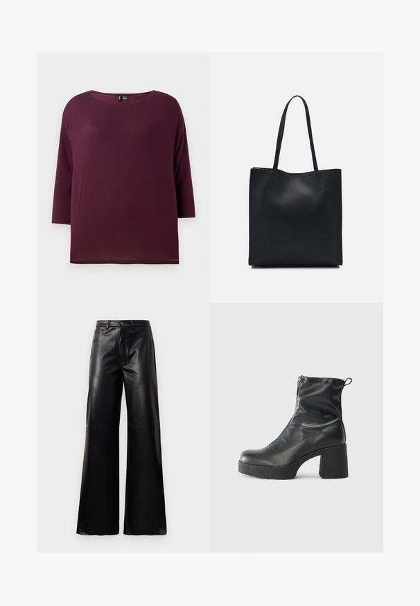 Bordo viršus su apvaliu iškirpimu ir trimis ketvirtadaliais rankovėmis, pagamintas iš švelnios medžiagos, turintis laisvą siluetą ir tiesią apatinę dalį.; Juodos aukšto juosmens plačios kojų dirbtinės odos kelnės su priekiniais mygtukais, užtrauktuku, diržo kilpomis ir šoninėmis kišenėmis ant balto fono.; Juodos kulkšninių botai, pagaminti iš lygaus odos, su šoniniu užtrauktuku, masyviu tekstūruotu kulnu ir apvaliu pirštu.; Juodas odinis tote krepšys su lygia tekstūra, stačiakampio formos ir dviem ilgais rankenomis. Matomų metalinių detalių ar puošybos nėra.