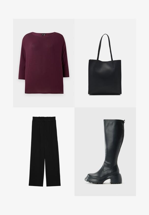 Top em burgundy com decote redondo e mangas a três quartos, feito de um tecido suave, apresentando um corte descontraído e bainha reta.; Calças largas pretas com um cinto franzido, apresentando dois bolsos laterais e um tecido suave e leve. Sem padrões ou ferragens visíveis.; Bota preta de couro alta com sola de plataforma robusta e salto bloco, apresentando puxador e padrão texturizado na sola.; Bolsa tote preta em couro com textura lisa, forma retangular e duas alças longas. Sem hardware ou enfeites visíveis.