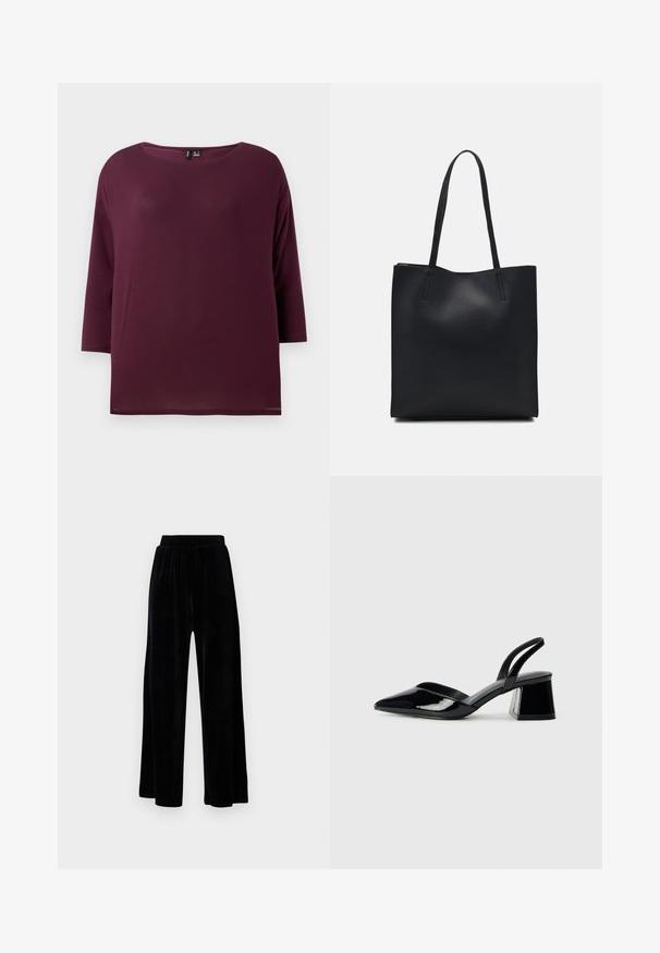 Burgundia ümarateeline ja kolmveerandsleevesiga topp, mis on valmistatud pehmest kangast, omades lõdva lõike ja sirget allserva.; Mustad laiad püksid, mis on valmistatud pehmest sametist, elastse vöökoha ja siledaga, ilma nähtavate detailide või mustriteta.; Mustad musta lakknahk kingad, millel on terav varvas ja geomeetriline plokkkonts. Omab elegantselt minimalistlikku disaini ja sujuvat tekstuuri.; Mustast nahast kott sujuva tekstuuriga, ristkülikukujuline ja kahe pika sangaga. Pole nähtavat riistvara ega kaunistusi.