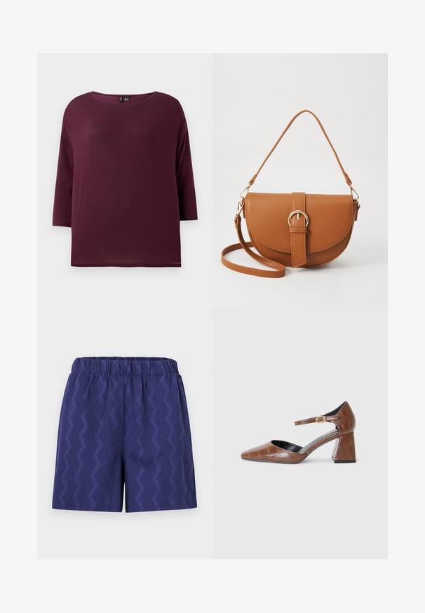 Bordeaux top med rund halsudskæring og trekvartærmer, lavet af blødt stof, med en afslappet pasform og lige kant.; Mørkeblå shorts med et struktureret zigzag-mønster, der har en elastisk talje for komfort og en afslappet pasform. Fremstillet af letvægtsstof.; Brune patenteret læderpumps med firkantet tå, struktureret krokodillemønster, ankelrem med guldbuckle og en chunky hæl.; Brun læder crossbody taske med en buet form, guldfarvet hardware og en spændeaccent. Har en aftagelig skulderrem.