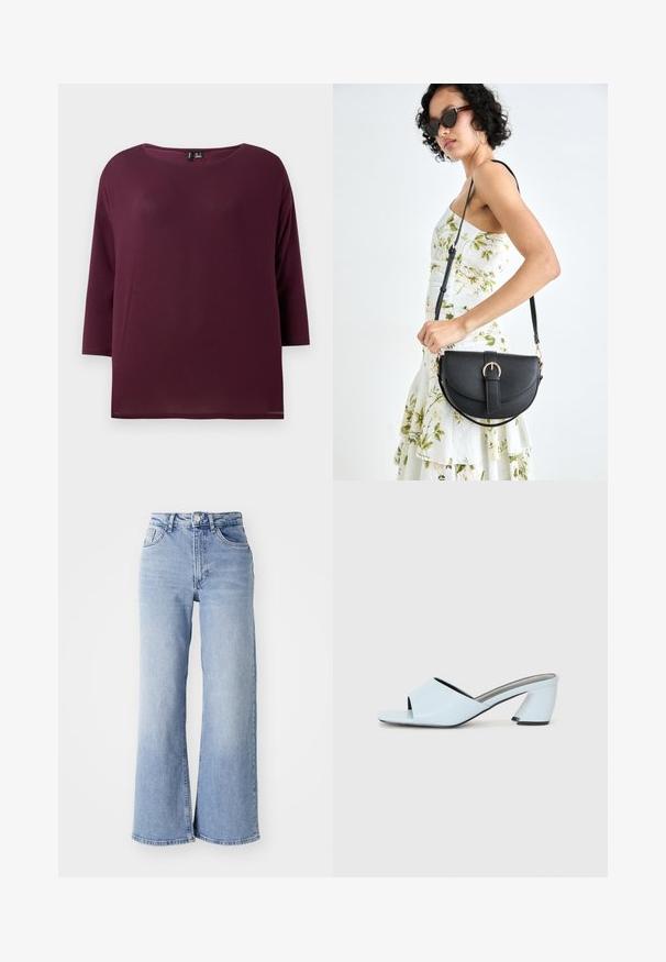 Top em burgundy com decote redondo e mangas a três quartos, feito de um tecido suave, apresentando um corte descontraído e bainha reta.; Jeans de cintura alta, de perna larga, em azul claro, com bolsos frontais e traseiros, fecho de botão e desbotamento subtil nas coxas e nas bainhas.; Mules de salto aberto de cor azul clara com um design geométrico, apresentando uma faixa larga sobre o pé e um salto chunky e angular.; Bolsa de couro preta com forma curva, alça destacável e detalhes em dourado. A bolsa possui uma aba com detalhe de fivela.