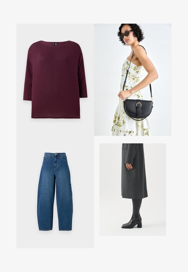 Top burdeos con cuello redondo y mangas tres cuartos, hecho de una tela suave, con un corte holgado y dobladillo recto.; Jeans de denim en un lavado azul medio, con una cintura alta, corte de pierna ancha y diseño estándar de cinco bolsillos con detalles de costura visibles.; Abrigo gris, entallado y de corte recto; combinado con botas de cuero negras hasta la rodilla que tienen punta cuadrada y tacón grueso.; Bolso de piel negra con forma curva, correa desmontable y herrajes dorados. El bolso cuenta con una solapa con un detalle de hebilla.