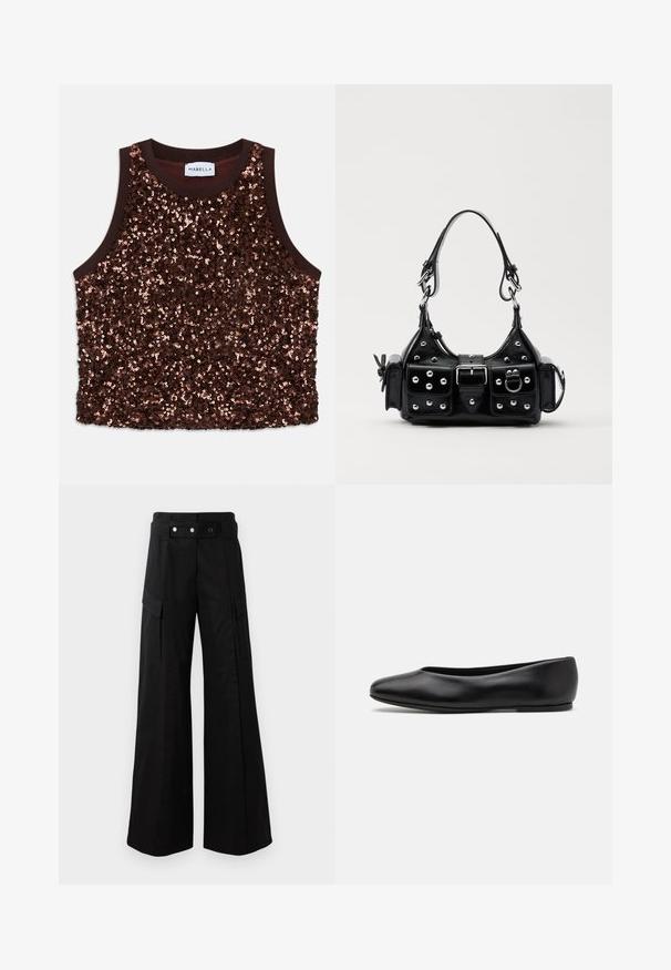 Mahonkkaisiin paljetteihin koristeltu hihaton toppi, jossa on sileä ruskea reunus ja kimaltavat kuparin aksentit etupinnalla.; Mustat leveälahkeiset housut, joissa on korkea vyötärö, suuret sivutaskut, kaksi etunappia ja silmukkayksityiskohta. Valmistettu kestävästä kankaasta.; Paul Smith TOPANGA - Ballerinat - black; Musta nahkainen käsilaukku, jossa on kaareva muotoilu, hopeiset niitit, solki ja kaksi sivutaskua. Säädettävä olkahihna erilaisiin kantovaihtoehtoihin.