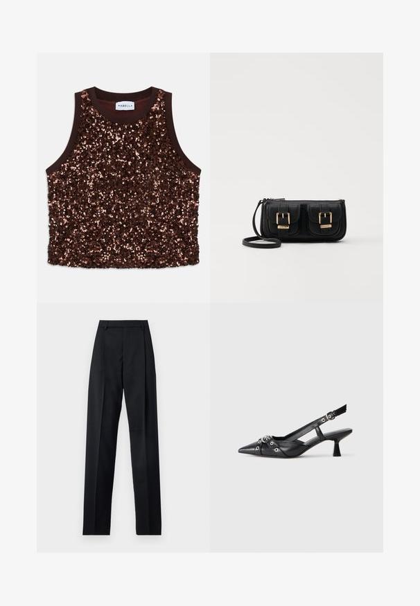 Rikka-läikidega ilma varrukateta särk rikkalikus pruunis, millel on sujuv pruun äär ja sädelevad kuldsed aktsendid üle esipinna.; Mustad püksid siledast kangast, millel on kõrge vöökoht, laiad jalad, esimesed kortsud ja klassikalised vööloopid. Küljepockets pole nähtavad.; Must must have must toote tõmblukuga, dekoratiivsed rihmad metallist silmadega ja madal blokk-kand. Tekstureeritud pind.; Must küllastamata nahast õlakott, millel on kaks esist nähtavat taskut, kuldsed pandlad, tõmblukuga sulgemine ja peen rihm. Tekstuuriga pind ja kompaktne ristkülikukujuline kuju.