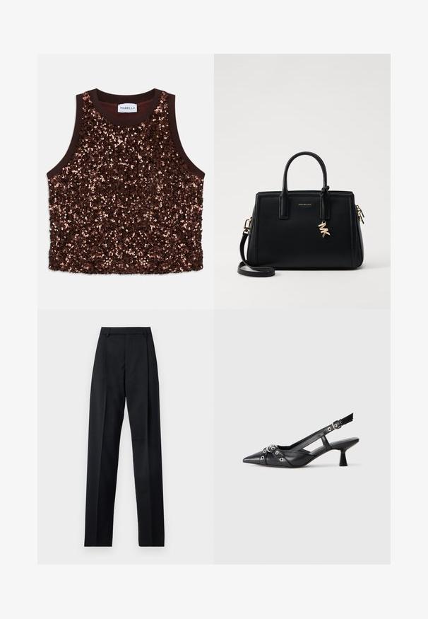 Mirdzoša zeltīta bezramenīšu augšdaļa dziļā brūnā krāsā, ar gludu brūnu apdari un mirdzošām varakronu akcentiem uz priekšējās virsmas.; Melnas bikses, izgatavotas no gludas auduma, ar augstu vidukli, platiem bikšu galdniekiem, priekšējiem krokām un klasiskām jostu cilpām. Sānu kabatas nav redzamas.; Melnas ādas šlipsveida kurpes ar norādītu purngalu, dekoratīvām joslām ar metāla acīm un zemu bloku papēdi. Teksturēta virsma.; Melnas ādas rokas soma ar strukturētu dizainu, dubultiem augšējiem rokturiem, noņemamu plecu siksnu, zelta aparatūru un logo piekariņu akcentu.