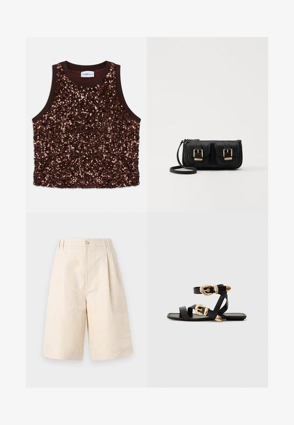 Top bez rukávov ozdobený flitrami v bohatej hnedej farbe, s hladkým hnedým lemovaním a lesklými medenými akcentmi na prednej strane.; Béžové ľanové šortky so voľným strihom, s gombíkovým zapínaním, s plisovaným dizajnom a dĺžkou po kolená. Hladká textúra a jednoduchý štýl.; Čierne kožené sandále so zlatými prackami, s viacerými pásikmi a plochou podrážkou pre otvorené nosenie.; Čierna kožená crossbody taška s dvoma prednými vreckami, zlatými sponami, zipsovým uzatváraním a úzkym popruhom. Štruktúrovaný povrch a kompaktný obdĺžnikový tvar.