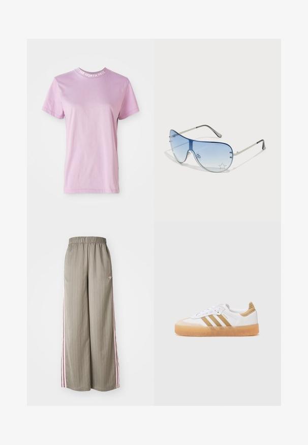 Világos rózsaszín, rövid ujjú póló kerek nyakkivágással, amelyen fehér színű "THE NORTH FACE" felirat található a galléron. Puha pamut anyagból készült.; Világos olíva zöld, széles szárú nadrág, függőleges csíkokkal, rugalmas derékkal és rózsaszín oldalsávokkal. Az oldalon egy kis logó található.; Fehér sneaker bézs akcentusokkal, három csíkkal, lekerekített orral és átlátszó gumitalppal. Simas bőr és textil anyagok.; Pilóta napszemüveg, melynek áttetsző kék lencséje, ezüst fém kerete és díszes csillag díszítések találhatók a lencsén. Simogató és elegáns dizájn.