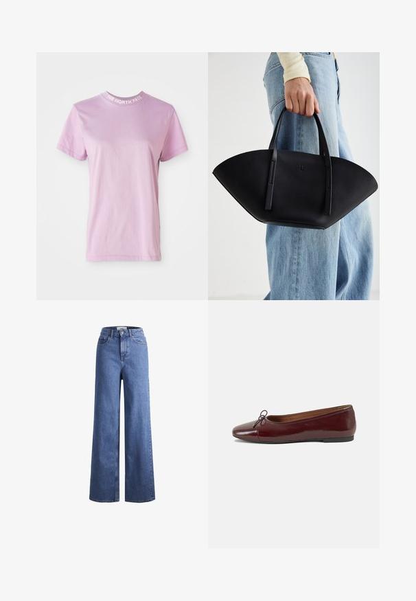T-shirt curta de manga curta cor de rosa clara com decote redondo, apresentando o texto "THE NORTH FACE" em branco na gola. Material de algodão macio.; Jeans de ganga azul claro, de perna larga e cintura alta, com dois bolsos frontais e costuras visíveis. Apresenta um fecho de botão e zíper.; Bailarinas em couro sintético borgonha com bico redondo, pequeno laço na frente e sola baixa em borracha preta. Textura suave.; Bolsa de mão em couro preto com uma forma única em leque, apresentando alças planas. A superfície tem uma textura pebble e um design minimalista.