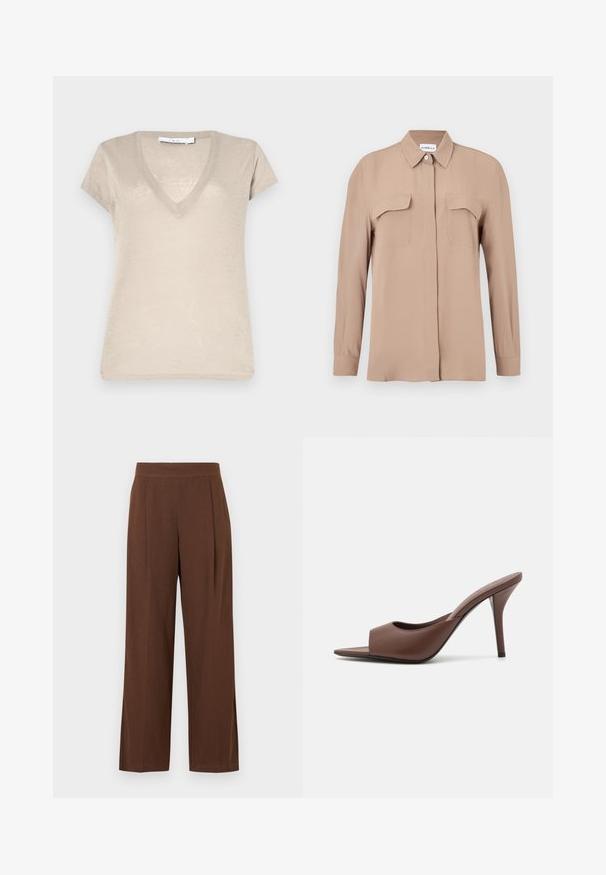Iro RODEO - Basic T-shirt - ice brown; Beige long-sleeve button-up shirt in a lightweight fabric. Features two chest pockets and a classic collar, with a straight cut and minimal design.; Brown wide-leg trousers with a smooth texture, featuring a flat front and pleats. The waistband is elasticized for comfort and fit.; Brown leather open-toe high-heeled mules with a sleek design, featuring a wide front strap and a slender stiletto heel.