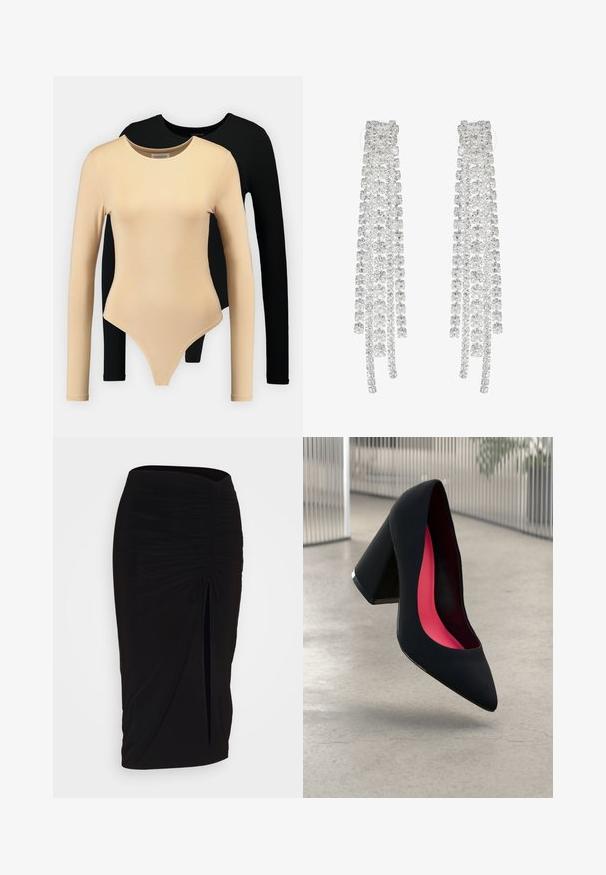 Dva bodysuita z dolgimi rokavi: eden bež z gladko teksturo in okroglim izrezom, drugi črn. Oba imata prilegajočo zasnovo in tangasti kroj.; Črna, nabrana svinčnik krilo z detajlom v obliki traku in stranskim razporkom. Narejeno iz raztegljive tkanine, ki se ponaša z gladko teksturo in oblikovanjem, ki se prilega telesu.; Črne visoke petke z nazobčanim prstom, teksturirano površino in živahnimi rožnatimi notranjimi deli. Imajo robustno peto z srebrnim akcentom.; Dolgi srebrni uhani, ki vsebujejo vrsto prozornih, fasetiranih kristalov v kaskadnih trakovih z različno dolžino in obliko.