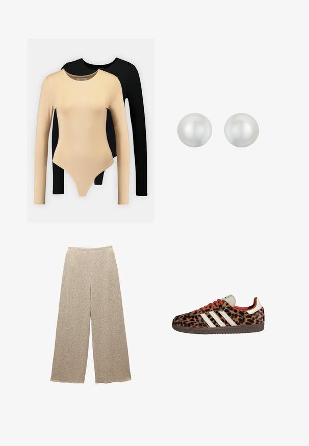 Zwei langärmelige Bodysuits: einer beige mit glatter Textur und rundem Ausschnitt, der andere schwarz. Beide haben ein figurnahes Design und einen Tanga-Schnitt.; Beige Palazzo-Hosen aus strukturiertem Stoff mit einem dezenten Muster. Sie verfügen über einen entspannten Bund und eine lockere Passform, die Komfort und Bequemlichkeit bietet.; Sneaker im Leopardenmuster aus Wildleder mit roten Schnürsenkeln und drei weißen Streifen an der Seite. Sie haben eine cremefarbene Zunge und eine braune Sohle.; Runde, weiße Perlenohrringe mit einer glatten, glänzenden Oberfläche. Jede Perle weist einen subtilen Schimmer und eine einheitliche Form auf, die sich ideal für formelle Anlässe eignet.