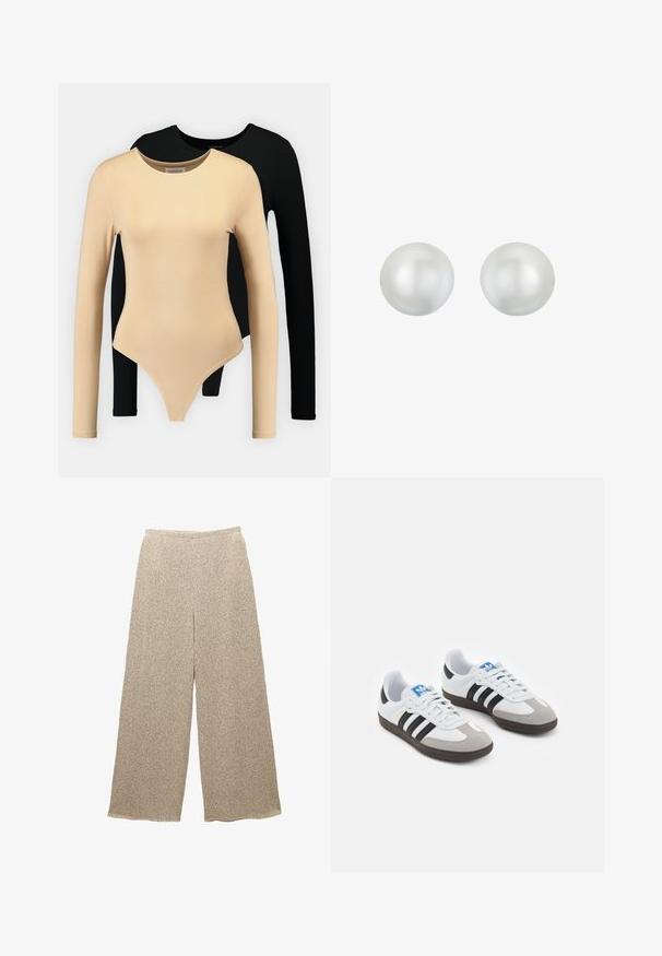 Twee langemouwen bodysuits: één beige met een gladde textuur en een ronde halslijn, de andere zwart. Beide hebben een aansluitend ontwerp en een string-snede.; Beige wijde broek van een gestructureerde stof met een subtiel patroon. Heeft een relaxte tailleband en een losse pasvorm, wat comfort en gemak biedt.; Sportschoenen met een witte leren bovenkant, grijze suède neus en drie zwarte strepen. Bevat een blauw logo op de tong en een gestructureerde rubberen zool.; Ronde, witte pareloorbellen met een gladde, glanzende oppervlakte. Elke parel vertoont een subtiele glans en heeft een uniforme vorm, geschikt voor formele gelegenheden.