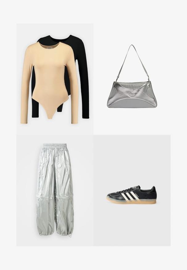 Dva bodija s dugim rukavima: jedan bež s glatkom teksturom i okruglim izrezom, a drugi crni. Obojica imaju prilagođen kroj i tanga rez.; Srebrne lagane cargo hlače s sjajnom teksturom, elastičnim pojasom, naboranim manžetama i dvije velike prednje džepove.; Crni atletski tenisice s bijelim prugama, teksturiranom tkaninom, glatkim kožnim vrhom i gumiranim potplatom. Sadrži logotip na jeziku.; Srebrna metalik torba s elegantnim, strukturiranim dizajnom, koja ima teksturirano tijelo, naramenicu i istaknut logotip.