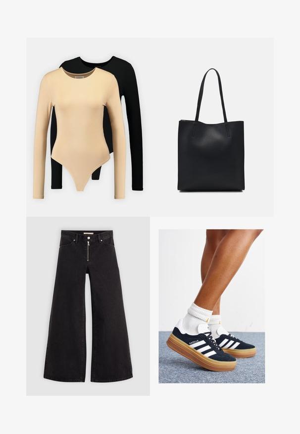 Kaksi pitkähihaista bodysuitia: yksi beige, jolla on sileä pinta ja pyöreä pääntie, ja toinen musta. Molemmissa on istuva muotoilu ja langattomat leikkaukset.; Mustat leveälahkeiset farkut, joissa on vetoketjufrunti, viisi-taskuinen muotoilu ja hienovaraiset ompelusyyt. Sileä pinta ja rento tyyli.; Musta mokkanahkainen tennari, jossa valkoiset raidat ja yksityiskohdat, pyöreä kärki, purukumipohja, yhdistetty valkoisiin ribbineuleisiin nilkkasukkiin.; Mustapahkainen kangaskassi, jossa on sileä pinta, suorakaiteen muotoinen ja kaksi pitkää kahvaa. Ei näkyvää metalliosaa tai koristeita.