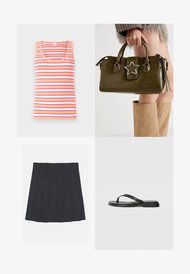 Top de tank com riscas horizontais em tons de pêssego, vermelho e branco. Feito de tecido canelado, com decote em forma de U e design sem mangas.; Saia pregueada cinza escuro com cintura elástica, apresentando um tecido texturizado e uma silhueta clássica em A. Adequada para uso casual.; Chinelo preto feito de couro liso, com um design de tira fina e sola baixa com um perfil minimalista. Sem padrões ou acentos notáveis.; Bolsa de mão em pele sintética verde oliva com detalhe de estrela prateada, alças duplas e fecho com zip. Superfície texturizada e forma estruturada.