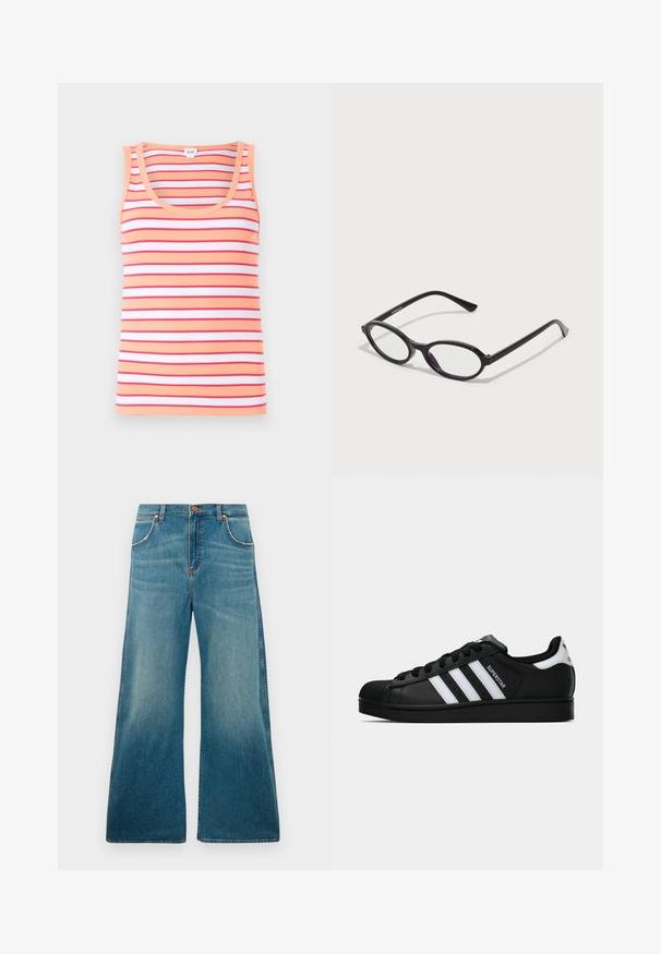 Triibuline top, millel on horisontaalsed triibud peedi, punase ja valge tooni kombinatsioonis. Valmistatud ribakangast, millel on ümar kaelus ja ilma varrukateta disain.; Kõrge vöökohaga sinised teksad laiade jalgadega, ees olevate taskutega, nööbilukuga ja vööst hemmini kulunud värvigraadiga.; Mustad musta värvi Adidas Superstar toss, millel on valged triibud, koonuseline varvas ja küljes "Superstar" tekst, esitatud külgvaates valgel taustal.; Must kärgpruunid raamiga prillid, millel on läbipaistvad lilla aktsendid läätsedel. Raamid on mattviimistlusega ja õhukesed, sirged tempels.