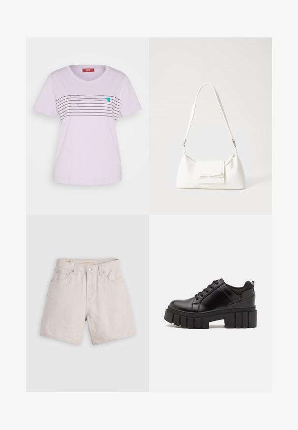 Esprit TEE - T-shirts med print - lavender; Høyt midjebeige denimshorts med knappfront, beltehemper og fem lommer; lette med en glatt tekstur.; Svarte lærplattformsko med kraftig blokkhell, rund tå og tradisjonell snøring. Har en jevn tekstur og minimal detaljering.; Hvit syntetisk håndveske med trekantet form, flat klaff foran og sløyfe detaljer, justerbar stropp, glatt tekstur og minimalistisk design.