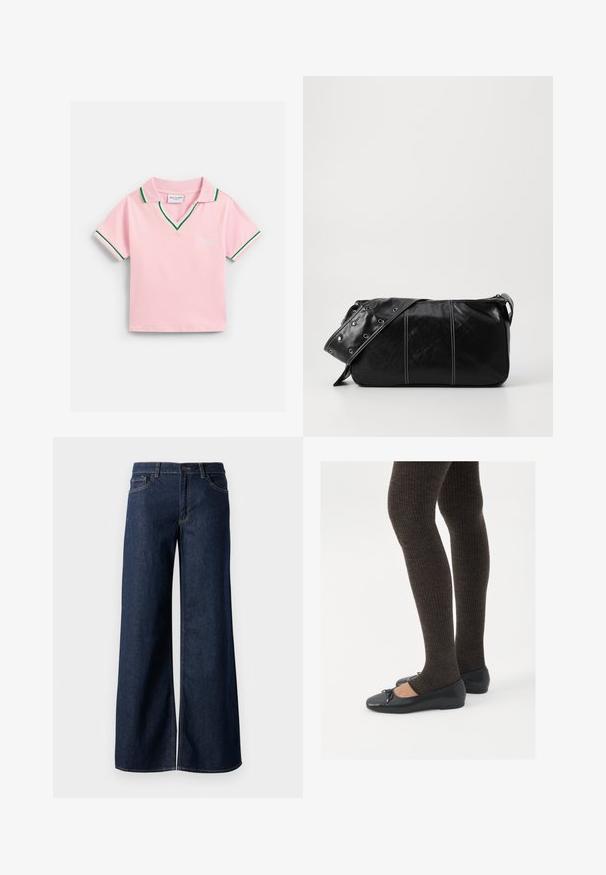 Polo rosa de manga curta com acabamento verde e branco na gola e nas mangas, com texto bordado "Juicy" no peito.; Jeans de perna larga em denim azul escuro. Apresenta costura em contraste, cinco bolsos e um fecho de botão na cintura. Textura lisa.; Sapatos planos pretos com um pequeno laço na ponta, emparelhados com meias-calças caneladas castanhas escuras. Os sapatos têm uma textura suave e um design discretamente baixo.; Bolsa de ombro em couro preto com fecho em zíper, apresentando um corpo texturizado, costura branca e uma alça com ilhós prateados.