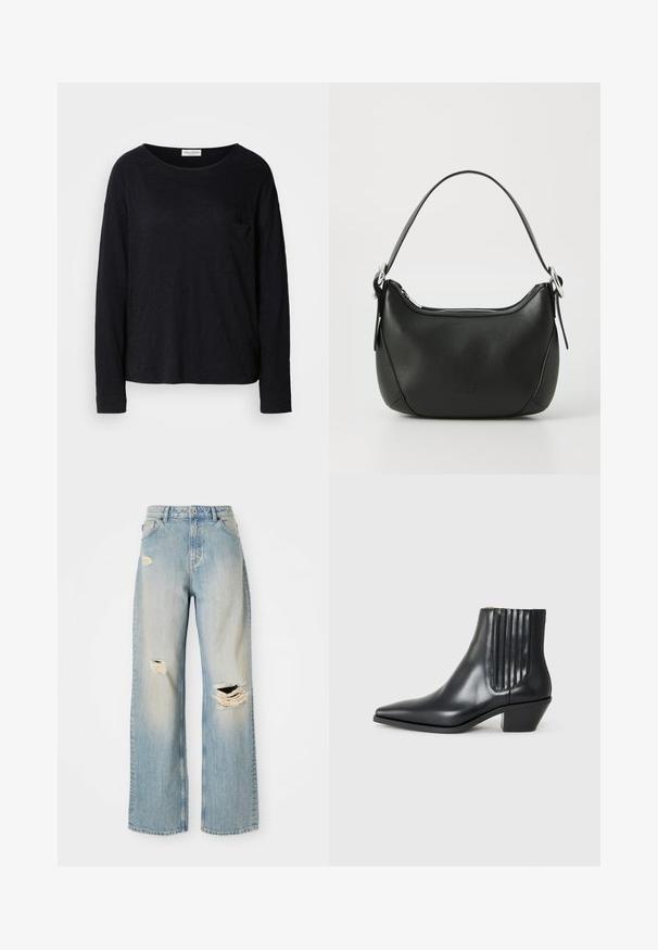 Langärmliges schwarzes T-Shirt mit Rundhalsausschnitt und kleiner Brusttasche, aus leichtem, leicht strukturiertem Stoff.; Hellblaue, gerade geschnittene Jeans mit hoher Taille, Gürtelschlaufen und ausgefransten Rissen am linken Oberschenkel, rechten Knie und unteren linken Bein.; Schwarze Leder-Ankle-Boots mit spitzem Zehenbereich, seitlichen elastischen Einsätzen mit vertikalen Rillen und einem niedrigen Blockabsatz. Glatte Textur und elegantes Design.; Schwarze Ledertasche mit geschwungener Form, silbernem Reißverschluss und kurzem Griff. Verfügt über ein dezentes Logo auf der Vorderseite und eine glatte Textur.