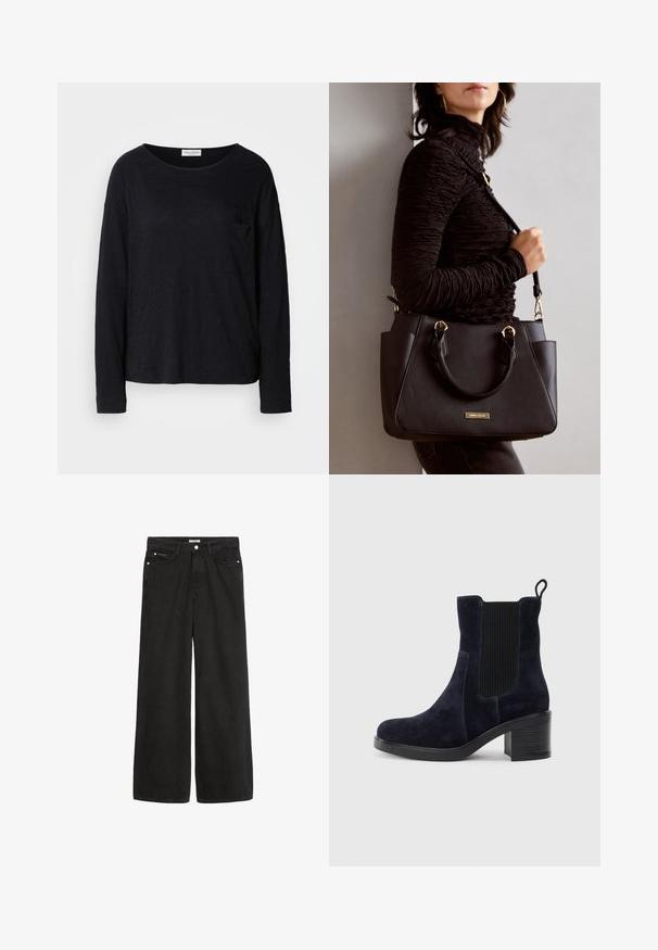 Long-sleeve black crew neck shirt with a small chest pocket, made from lightweight, slightly textured fabric.; Wide-leg black denim jeans with a high waist. Features five pockets, metal hardware, and a clean finish. The texture is smooth and soft.; Navy blue suede ankle boot with elastic side panel, rounded toe, and block heel. Textured fabric and smooth sole add contrast.; Black handbag with textured surface, dual top handles, and adjustable shoulder strap. Features gold-tone hardware and side pockets.