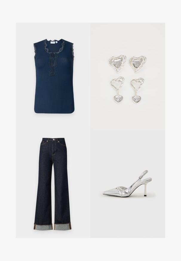 Top sem mangas azul marinho feito de material canelado, apresentando um acabamento de renda ao redor do decote e três pequenos botões no centro.; Vero Moda VMTESSA WIDE FOLD UP - Wide leg - dark blue denim; Sapato de salto alto slingback prateado com bico fino, acabamento metálico, duas correias decorativas e um salto esbelto com ponta preta.; Os brincos em forma de coração prateados apresentam pedras claras facetadas, com uma moldura texturizada. O conjunto inclui estilos de botão e de gota.