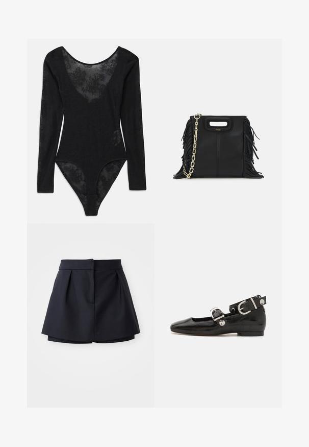 Schwarzer Body mit langen Ärmeln und tiefem Ausschnitt. Hat ein transparentes Blumen-Spitzen-Panel an der Vorderseite und texturierten Stoff im gesamten Gewand.; Marinefarbene Falten-Shorts mit hoher Taille, aus glattem Stoff gefertigt. Sie verfügen über ein figurbetontes Design und eine versteckte Fronttasche.; Schwarze Lackleder-Ballerina mit eckiger Zehenpartie, Knöchelriemen mit silberner Hardware und flacher Sohle. Glatte Textur mit minimalistischen Design.; Schwarze Lederhandtasche mit Fransen-Details, goldener Ketten-Schulterriemen und einem ausgeschnittenen Griff. Mit Logoplatzierung auf der Vorderseite.