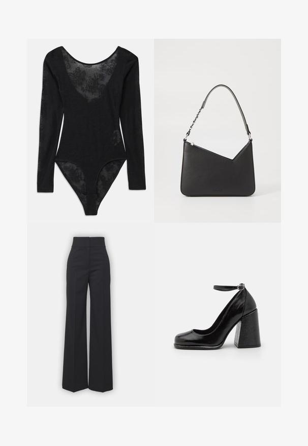 Svart bodysuit med lange ermer og dyp utringning. Har gjennomsiktig blomstermønsterpanel foran og strukturert stoff overalt.; Bredde benbukser i svart stoff med høy midje, med en ren finish og glatt tekstur. Ingen synlige detaljer eller mønstre.; HUGO KIORA - Høye hæler - black; Svart lærveske med trekantet form, en slank stropp og sølvfarget detaljer. Har glidelåslukking og preget logo på forsiden.