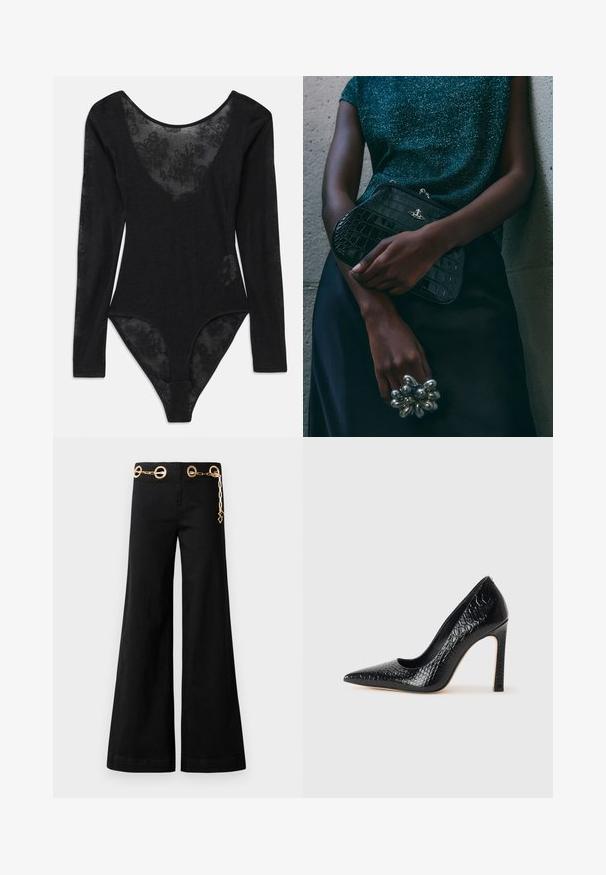 Bodysuit noir avec manches longues et décolleté plongeant. Présente un panneau en dentelle florale transparente à l'avant et un tissu texturé sur l'ensemble.; Pantalons larges noirs en coton, avec un matériel circulaire doré et un détail en chaîne à la taille. Texture lisse, coupe épurée.; Escarpin noir à bout pointu avec texture en cuir de crocodile, présentant un design élégant, un haut talon aiguille et un intérieur noir lisse.; Sac à main en cuir noir à motif crocodile avec des finitions en métal argenté, posé sur un fond texturé gris. Présente une surface brillante.