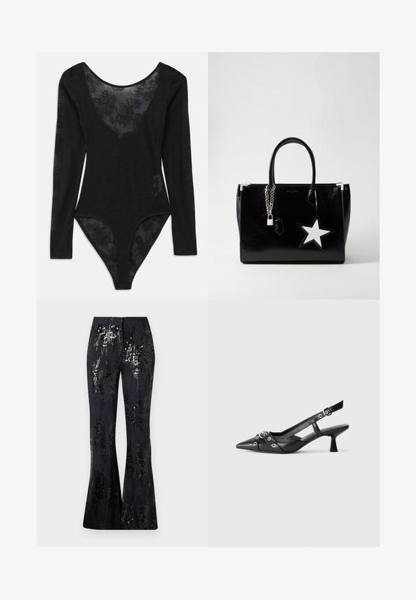 Bodysuit negro con mangas largas y un escote profundo. Presenta un panel de encaje floral transparente en la parte delantera y tela texturizada en toda su extensión.; The Kooples PANTALON SEUL - Pantalones - black; Zapato de slingback negro de piel con punta afilada, correas decorativas con ojales de metal y un tacón bajo y ancho. Superficie texturizada.; Bolso de mano de charol negro con una forma elegante. Presenta herrajes de cadena plateada, una cerradura y un acento de estrella blanca en el lateral.