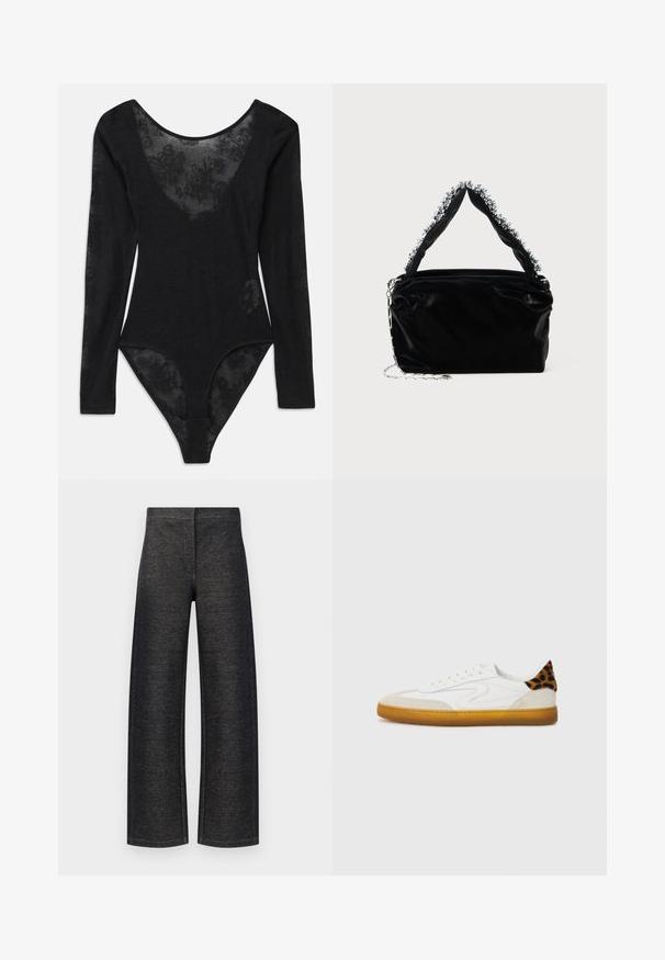 Juodas bodis ilgomis rankovėmis ir giliais iškirpimu. Priekyje yra permatoma gėlių nėrinių juosta, o visas bodis pagamintas iš tekstūruoto audinio.; Plačios kojų kelnės juodos džinsinės medžiagos. Pasirinkta tekstūruota apdaila su tvarkinga liemeniu ir be matomų priedų ar kišenių.; Baltos sportbačiai su tekstūruotu zomšiniu ir odiniu viršumi, kuriuose yra leopardų rašto akcentas ant kulno ir guminė padika.; Juodas dirbtinės odos rankinė su tekstūruotu paviršiumi, su sidabriniu karoliukų akcentu viršutinėje rankenoje ir grandinine juosta.