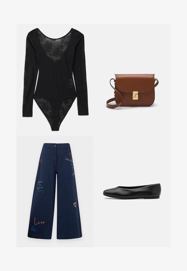Mustat bodysuitit pitkähihaisilla hihoilla ja syvällä avonaisella kaula-aukolla. Siinä on läpinäkyvää kukkakuvioista pitsiä edessä ja teksturoitua kangasta koko matkalta.; Tummansiniset leveälahkeiset housut puuvillasta, joissa on useita taskuja. Ominaisuuksiin kuuluu värikkäitä brodeerattuja tekstejä ja grafiikoita, kuten sydämiä ja leikkisiä lauseita.; Paul Smith TOPANGA - Ballerinat - black; Ruskea nahkainen käsilaukku, jossa on läppäkiinnitys, kultasävyiset yksityiskohdat, olkahihna ja sileä pinta. Kompaktin suorakaiteen muotoinen.