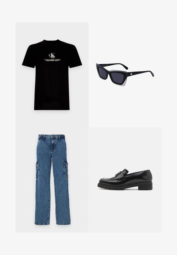 T-shirt in cotone nero con maniche corte, caratterizzato da un logo "CK" bianco e oro e la scritta "Calvin Klein Jeans" sul davanti. Vestibilità standard.; Pantaloni cargo in denim blu con vestibilità relaxed, dotati di due tasche laterali, cuciture rinforzate e design a gamba dritta.; Mocassino in pelle lucida nera con tacco basso a blocco, punta cucita e dettaglio in metallo con fibbia sulla parte superiore, mostrato in profilo laterale su sfondo bianco.; Occhiali da sole oversize neri dalla forma geometrica, con lenti scure e un dettaglio grigio a contrasto sulla montatura. Logo sul braccio.