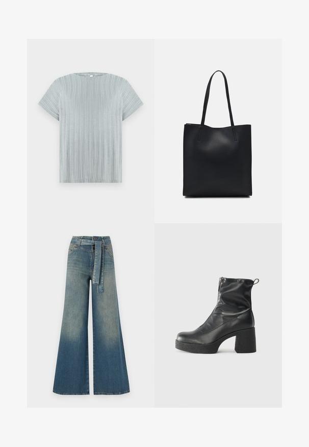 Jasnoszara bluzka z krótkim rękawem o prążkowanej fakturze i okrągłym dekolcie, z pionowymi paskami na tkaninie.; Szerokie spodnie dżinsowe z gradientem od jasnoniebieskiego do ciemnoniebieskiego, wysokim stanem, szlufkami na pasek oraz pasującym paskiem z tkaniny. Teksturowany wykończenie dżinsu.; Czarne botki za kostkę wykonane z gładkiej skóry, wyposażone w boczny zamek błyskawiczny, masywny teksturowany obcas oraz zaokrąglony czubek.; Czarna skórzana torba tote o gładkiej fakturze, prostokątnym kształcie i dwóch długich uchwytach. Brak widocznych elementów metalowych i ozdób.