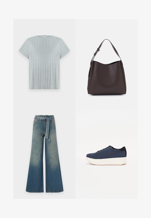 Šviesiai pilkas trumpomis rankovėmis viršus su raukšlėta tekstūra ir apvaliu iškirpimu, kuriame yra vertikalios juostelės per audinį.; Platus džinsinis kelnes su šviesiai tamsiai mėlynu gradientu, aukštu juosmeniu, diržo kilpomis ir atitinkančiu audinio diržu. Textūruotas džinsinis paviršius.; Tamsiai mėlynas sportinis batelis su tekstūruotu audiniu viršuje, baltu platformos padu, apvaliu pirštu ir juodu kulno akcentu.š. Yra šešios skylės raišteliams.; Vero Moda VMLANE - Pirkinių krepšys - chocolate torte