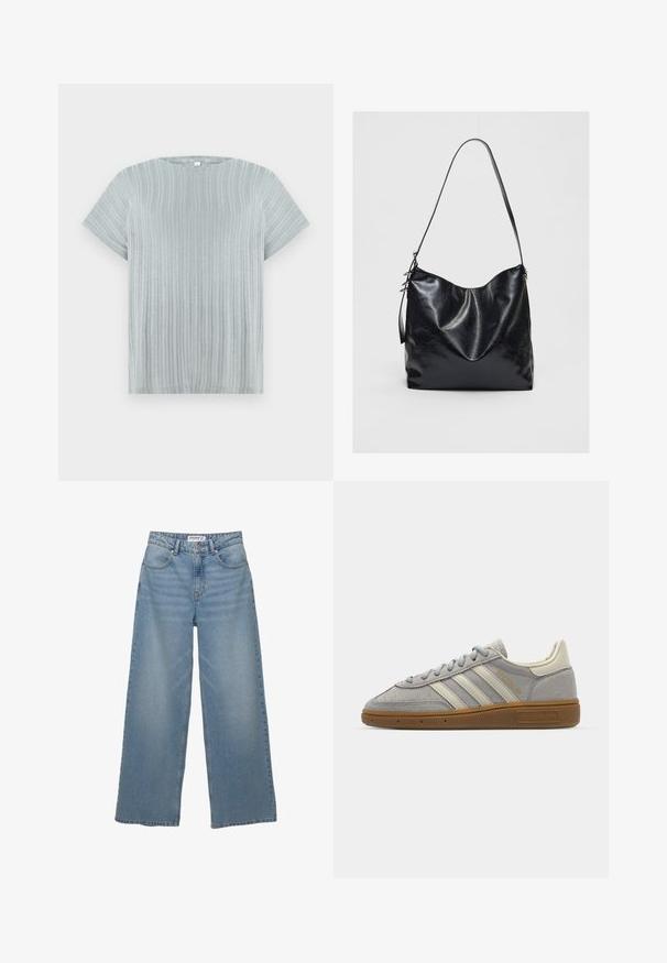 Svetlošedý krátky rukáv s rebrovanou textúrou a okrúhlym výstrihom, s vertikálnymi pruhmi na látke.; Svetlo modré široké džínsy vyrobené z denimu. Majú vysoký pás, päť vreciek a rovný strih s minimálnym vyblednutím.; Šedé semišové tenisky s svetlosivými koženými pruhmi a gumovou podrážkou. Medzi vlastnosti patrí šnurovanie a jemné logo na jazyku.; Čierna kožená taška cez plece s mäkkým, textúrovaným povrchom. Má zakrivený dizajn a jeden nastaviteľný popruh. Žiadny ďalší kovový prvok.