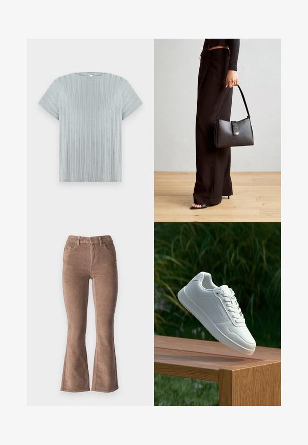 Lys grå kortærmet top med ribbet tekstur og rund halsudskæring, prydet med lodrette stribe på stoffet.; Brune fløjlsbukser med udvidede ben og ribbet tekstur, der har højt talje, fem lommer og en frontknaplukning.; Hvid sneaker med en glat syntetisk overdel, perforeret tåboks, flade snørebånd og en tekstureret sål, præsenteret på en træoverflade.; Sort håndtaske med struktureret form, glat overflade og metalspænde. Sammen med brede sorte bukser og sandaler med åben tå på trægulv.